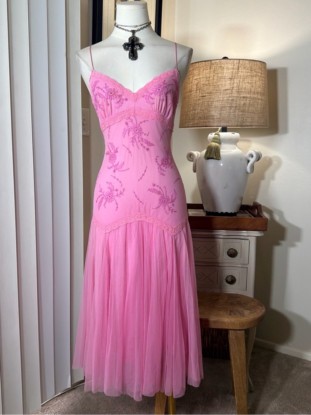 Betsey Johnson Pink Embroidered Tulle Slip Midi Dress